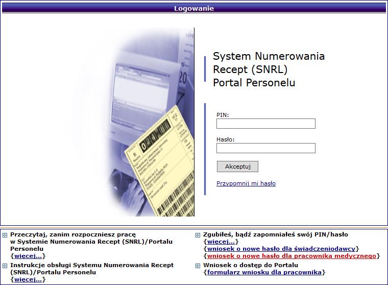 Rys. 11.14 Przykładowe okno strony logowania do SNRL - Portal Personelu 1. Należy wybrać opcję wniosek o nowe hasło dla pracownika medycznego.