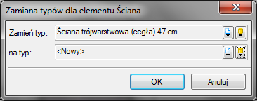 Praca z rysunkami Rys. 92 Okno zmiany typu dla elementu ściana Zmień typ nazwa typu, która została sczytana z zaznaczonego elementu.