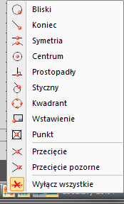 Praca z rysunkami Rys. 102 Lista punktów zaczepienia dostępna na pasku stanu Wybierz wstążkę Widok i kliknij jedno z narzędzi punktów zaczepienia znajdujące się w grupie logicznej Punkty zaczepienia.