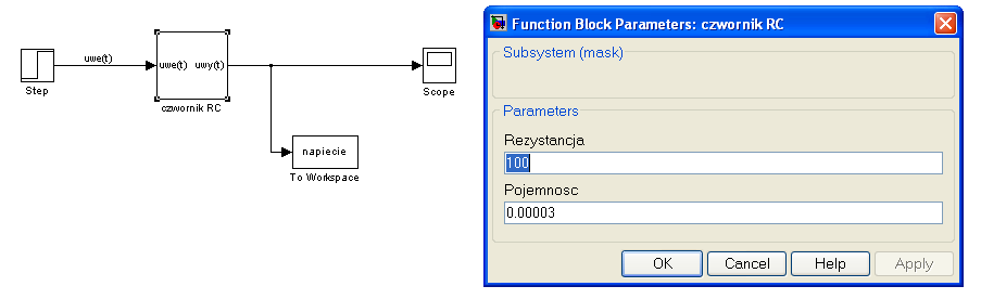 Rys. Opcja maskowania obiektu w Simulinku do Przykładu 5 W pozycji Parameters wpisujemy nazwy zmiennych: R i C i je opisujemy, mamy: Rys.