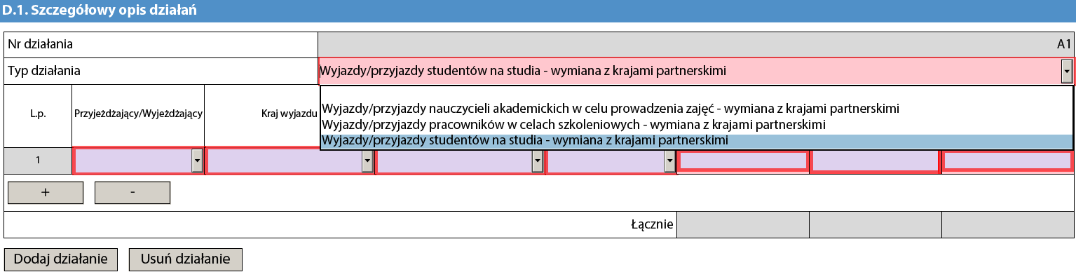 Część Główne działania (mobilności) Należy wybrać z menu rozwijalnego działania, oddzielnie dla mobilności wyjazdowych i przyjazdowych, o które się wnioskuje w odniesieniu do każdego kraju