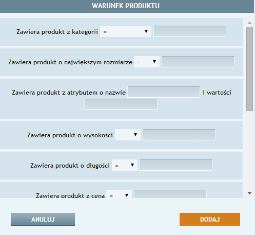 Rys. 14 Określanie warunków adresu Krok 8 W okienku Warunek produktu należy zdefiniować szczegóły dotyczące produktów i ich cech. Posługując się znakami matematycznymi, można określić m.in. wymiar, cenę czy wagę produktów, natomiast słownie definiujemy atrybuty wchodzące do reguły.