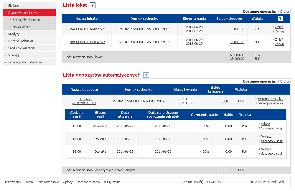 Istnieje też możliwość zarządzania sesjami depozytu automatycznego (wyłączanie i włącznie sesji określonych uprzednio w umowie z Bankiem).