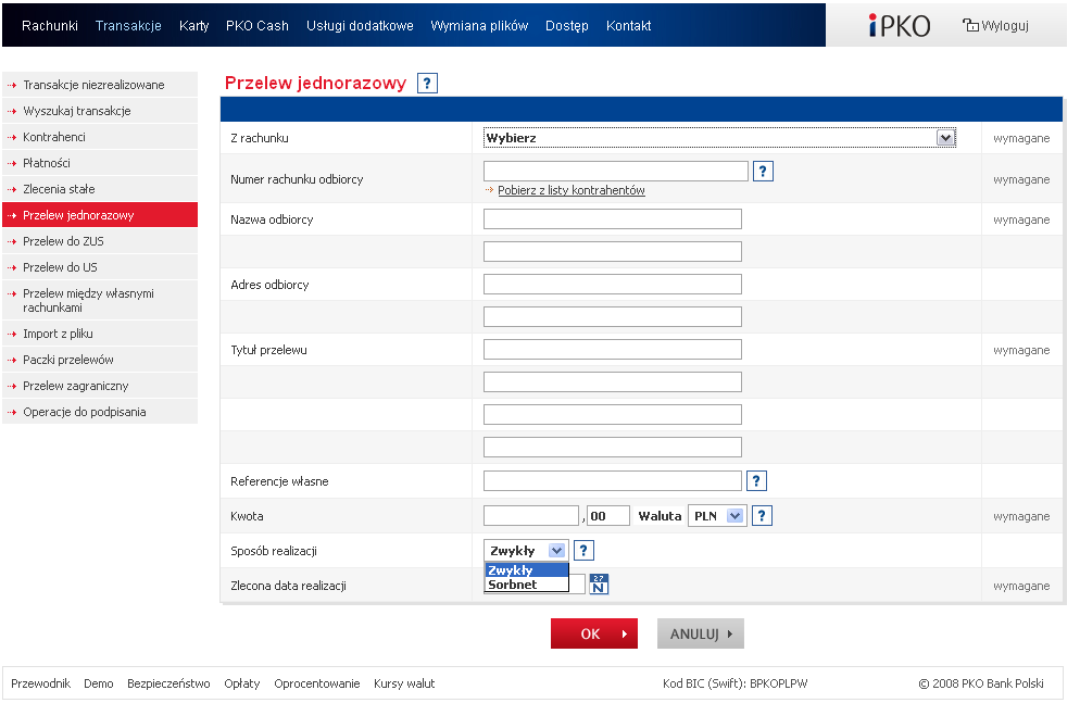 Przelew jednorazowy W celu wykonania jednorazowego przelewu należy wybrać Przelew jednorazowy, a następnie podać szczegóły przelewu wypełniając wszystkie pola wymagane na formularzu.