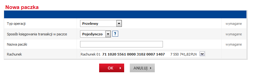 Paczki transakcji Paczka transakcji jest zbiorem zleceń realizowanych z jednego rachunku, które podlegają wspólnej (jednorazowej) autoryzacji.