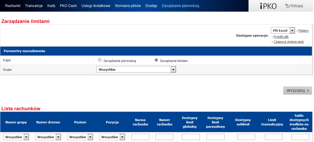 Rachunki skonsolidowane Panel Zarządzania limitami płynności w ipko biznes dedykowany jest klientom korporacyjnym, posiadającym usługę konsolidacji sald rachunków (Cash Pooling Rzeczywisty lub