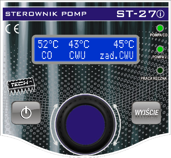 ST-27i Instrukcja obsługi I. Opis panelu sterowania Pompa CO Aktualna temperatura CO, CWU Tryb czuwania (standby) Gałka impulsatora (wejście do MENU, wybór i zatwierdzanie ustawień) II.