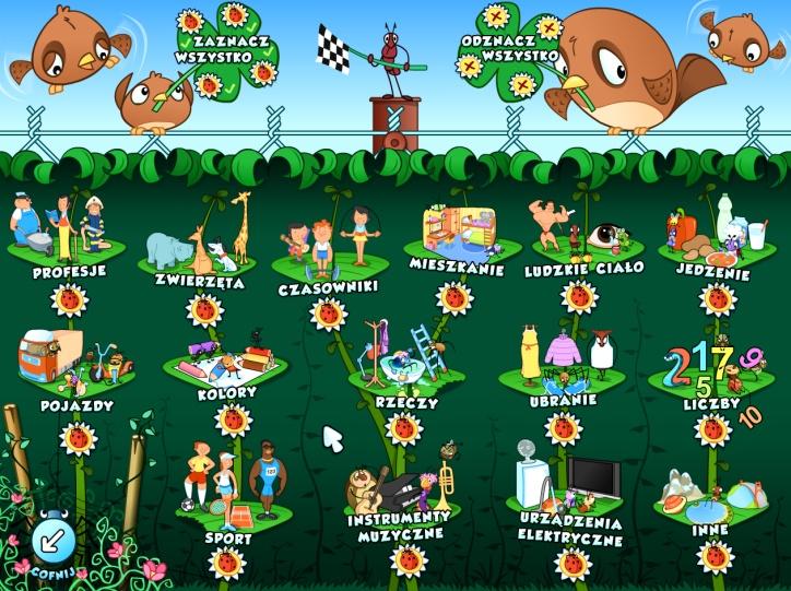 Ekran z wyborem gier W tej części programu użytkownik wybiera grę. Do dyspozycji są dwie grupy gier: 1. dla dzieci, które jeszcze nie potrafią czytać ani pisać płatki lewego kwiatka (5 gier) 2.