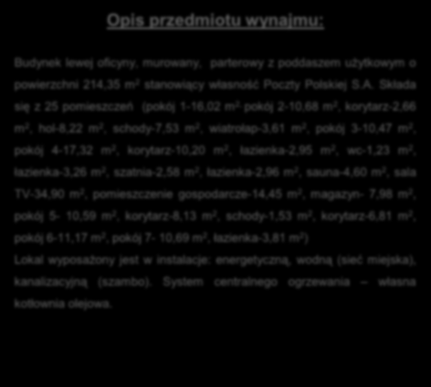 łazienka-2,95 m 2, wc-1,23 m 2, łazienka-3,26 m 2, szatnia-2,58 m 2, łazienka-2,96 m 2, sauna-4,60 m 2, sala TV-34,90 m 2, pomieszczenie gospodarcze-14,45 m 2, magazyn- 7,98 m 2, pokój 5-10,59 m 2,