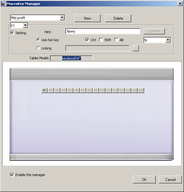 Macro Key Manager Obszar służący do ustawiania skrótów specjalnych tabletu K1 K16, czy wyboru predefiniowanych profili obsługi tych klawiszy Obszar