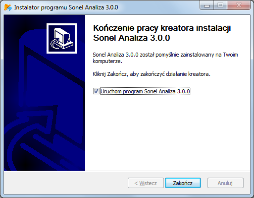 Instrukcja obsługi Sonel Analiza 3 Rys. 6. Zakończenie instalacji. W tym momencie można podłączyć analizator do komputera. System powinien po chwili automatycznie rozpoznać przyłączone urządzenie.