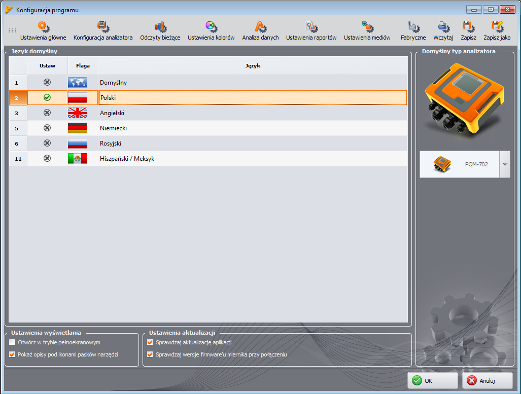 5 Inne opcje programu Rys. 78. Konfiguracja programu Ustawienia główne. DOMYŚLNY TYP ANALIZATORA umożliwia wybranie z listy domyślnego analizatora; ma to wpływ np.