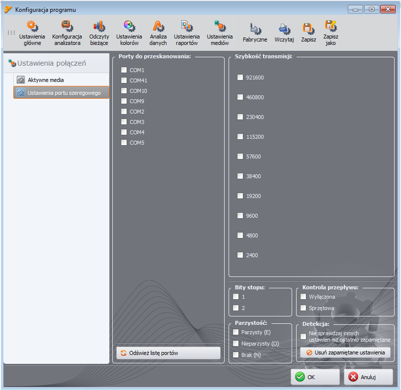 5 Inne opcje programu opcję. W obu przypadkach należy zapewnić, aby parametry transmisji analizatora były w zbiorze ustawień na wybranych na tej karcie.