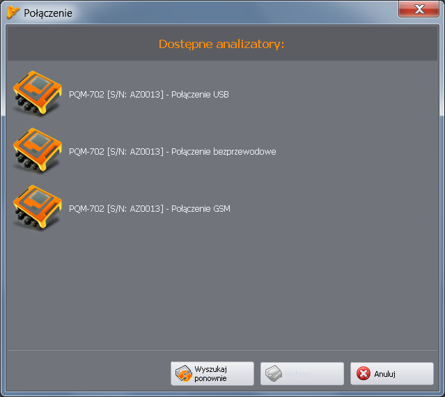 1 Instalacja i uruchomienie programu Rys. 8. Okno wyboru analizatora do połączenia z programem.