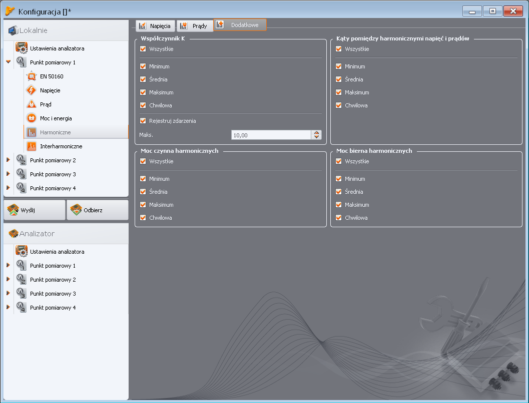 2 Konfiguracja pomiarowa analizatora Rys. 28. Dodatkowe ustawienia harmonicznych. 2.2.8 Karta INTERHARMONICZNE jest dostępna.