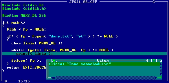 Wykorzystanie funkcji fgets, uwaga na znacznik końca wiersza #include <stdio.h> #include <stdlib.h> #define MAKS_DL 256 int main() FILE * fp = NULL; if( ( fp = fopen( "dane.txt", "rt" ) )!