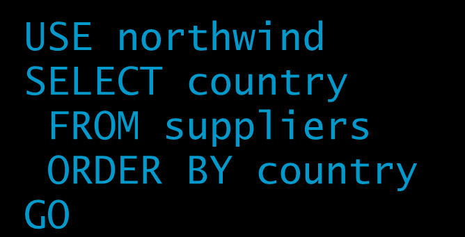 Eliminowanie duplikatów USE northwind SELECT country FROM suppliers