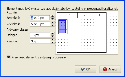 Ponieważ aktywny obszar wykracza poza rozmiar elementu (pole tekstowe) wybieramy z menu Edycja Edytuj rozmiar i aktywny obszar lub klikamy ikonę i zmieniamy wielkość rozmiaru tak aby był większy niż