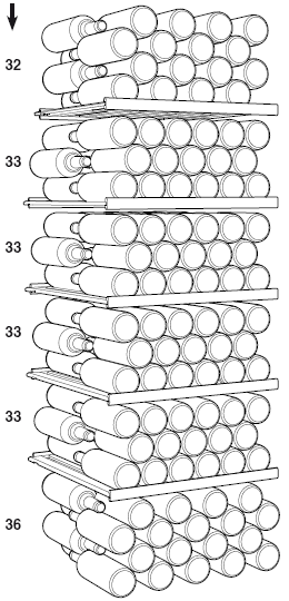 SZKIC UŁOŻENIA BUTELEK (butelki Bordeaux 0,75 l) Ilość butelek WKr 1811 Razem 66 butelek Uwaga! Maksymalne obciążenie każdej z półek wynosi 45 kg.