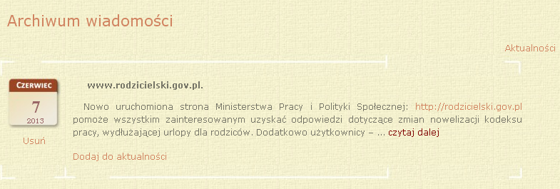 Aby przenieść ogłoszenie ponownie do zakładki Aktualności przejdź do zakładki Archiwum wiadomości (rys.