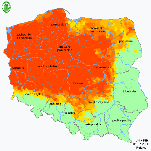 Ekstremalne wydarzenia pogodowe Mapa potencjalnego występowania susz rolniczych w Polsce dla zbóż jarych Źródło: