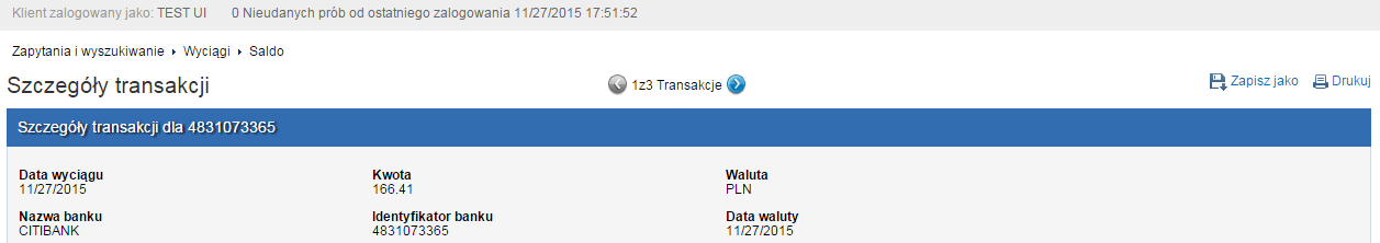 Poniżej zaprezentowano ekran, który wyświetli się w przypadku kliknięcia na datę wyciągu na poprzednim ekranie wyników wyszukiwania: Po zaznaczeniu wybranych pozycji na liście, kliknij