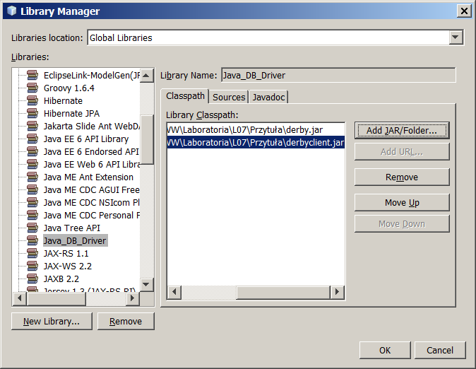Klikając Add JAR/Folder dodaj 2 pliki.jar (derby.jar i derbyclient.jar) dołączone do materiałów: Kliknij OK.