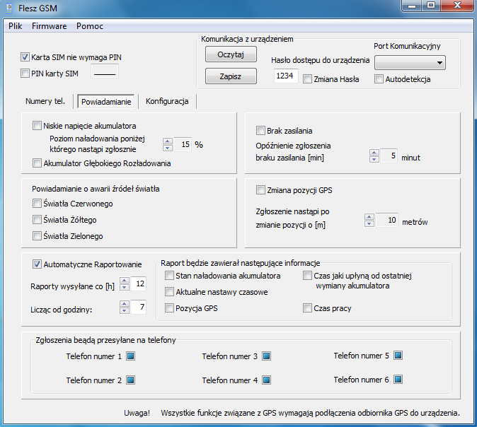 Flash GSM Powiadamianie Jeżeli poziom naładowania akumulatora spadnie poniżej ustawionej wartości. Na wybrane numery tel. zostanie przesłana informacja SMS.