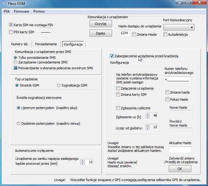 Flash GSM Konfiguracja Opcja ta umożliwia włączenie funkcji sterowania urządzeniem prze SMS dodatkowo sterownik może wysyłać SMSa zwrotnego potwierdzającego wykonanie polecenia.