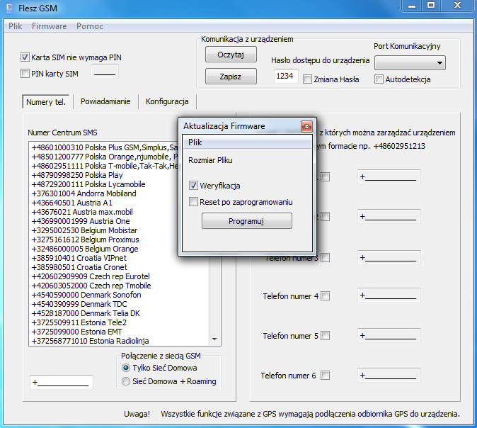 Flash GSM Aktualizacja Firmware Sterownik wyposażony jest w bootloader, dzięki czemu szybko i w łatwy sposób użytkownik może samodzielnie aktualizować oprogramowanie sterownika.