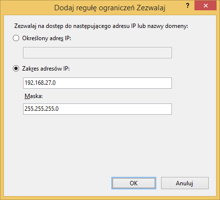 W oknie Ograniczenia adresów IP i domen możemy definiować reguły na podstawie adresów pojedynczych komputerów lub całych