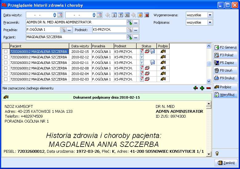 elektronicznym. Konieczność ponownego generowania historii może zaistnieć, gdy wizyta pacjenta została ponownie otwarta w celu wprowadzenia dodatkowych danych medycznych pacjenta.