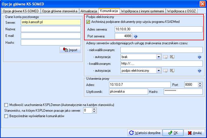 INSTRUKCJA w polu Adres serwera należy wprowadzić adres komputera, na którym jest zainstalowany program KS- ADMED i uruchomiony jest program KS-TUNEL dla programu KS-ADMED, w polu Port serwera należy