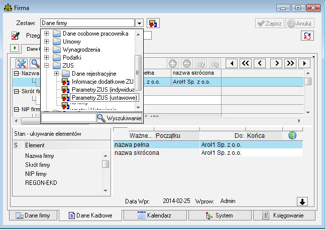 I kolejno sprawdzamy parametry- emerytalne, rentowe, chorobowe i wypadkowe, które należy wprowadzić z bieżącą stawką i na bieżący okres i dokonuje się tego w następujący sposób: Na górnej części