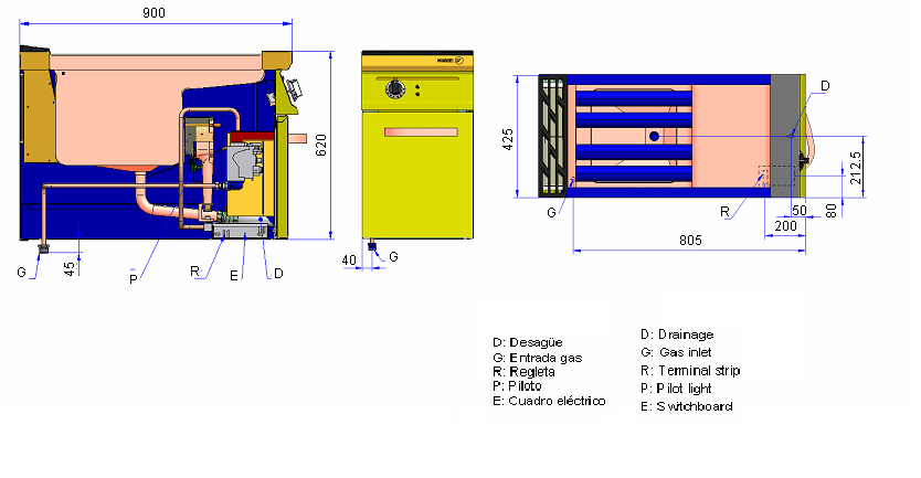 FG9-05 D. odpływ G. przyłącze gazu ¾ R. Przyłącze elektryczne P. pilot E. skrzynka elektryczna FG9-05 S D. odpływ G. przyłącze gazu ¾ R. Przyłącze elektryczne P. pilot E. skrzynka elektryczna FG9-10 D.