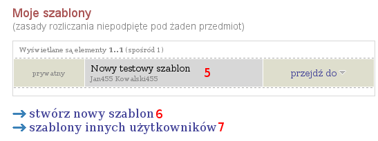 Każdy z utworzonych przez nas szablonów widzimy na liście (5). Pod jego nazwą widnieje imię i nazwisko jego autora (możliwe jest korzystanie z cudzych szablonów).