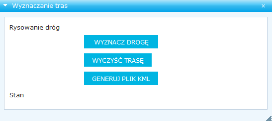 Chcąc wyznaczyć trasę przejazdu, klikamy na opcję WYZNACZ DROGĘ, po czym w widoku mapy zaznaczamy poprzez klikniecie punkt początkowy trasy, a poprzez podwójne kliknięcie lewym klawiszem myszy na