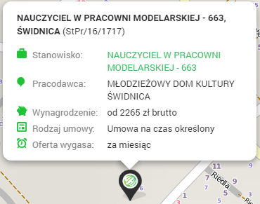 Wybierając konkretną ofertę, system automatycznie przybliży mapę do miejsca wykonywania pracy oraz wyświetli okno ze streszczeniem informacji o ofercie.