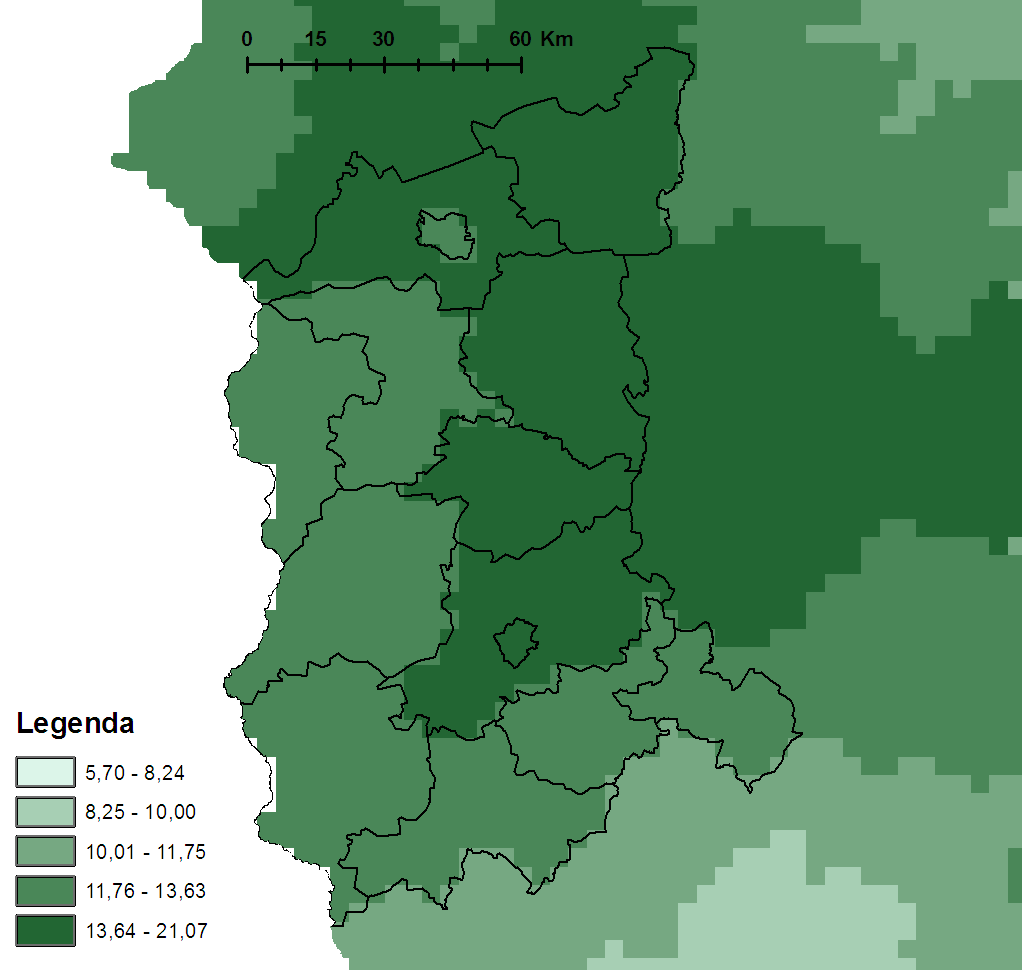 AZOT OGÓLNY Rys. 8. Roczne ładunki jednostkowe azotu ogólnego [w kg N/ha] wniesione przez opady atmosferyczne w 2014 r.