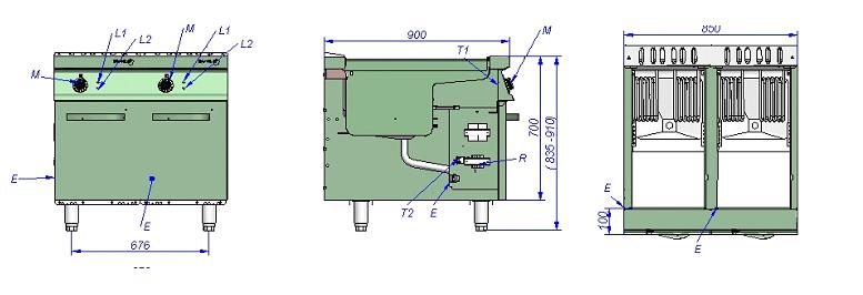 T1: thermostat regulacyjny T2: thermostat bezpieczeństwa R: skrzynka przyłączeniowa M: pokrętło