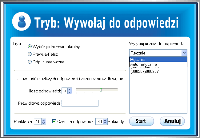 W trybie Quiz mamy możliwość dodania nowego pytania testowego w trybie wyboru jedno lub wielokrotnego, prawda fałsz oraz odpowiedzi numerycznych bez sugerowania możliwych opcji wyboru.