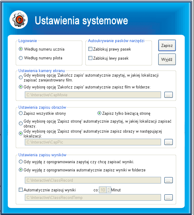 Przycisk Ustawienia dostępny w lewym pasku narzędzi umożliwia wskazanie lokalizacji w jakich zapisywane mają być wyniki przeprowadzanych testów, filmy zarejestrowane podczas zajęć przy pomocy