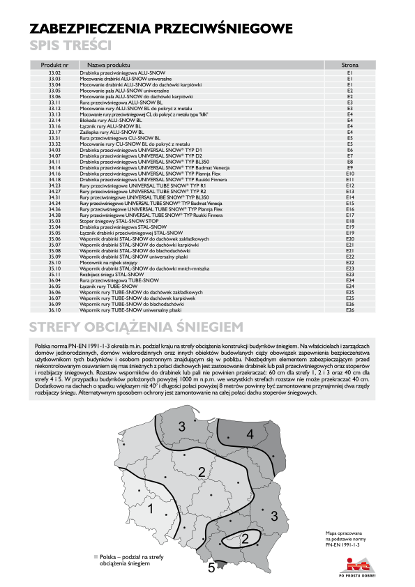 Zabezpieczenia PRZECIWŚNIEGOWE SPIS TREŚCI Nazwa produktu Strona 33.02 Drabinka przeciwśniegowa ALU-SNOW E1 33.03 Mocowanie drabinki ALU-SNOW uniwersalne E1 33.