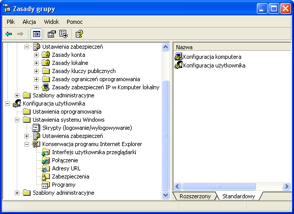 W węźle obejmującym konfigurację użytkownika umieszczony został dodatkowo folder Konserwacja programu Internet Explorer.