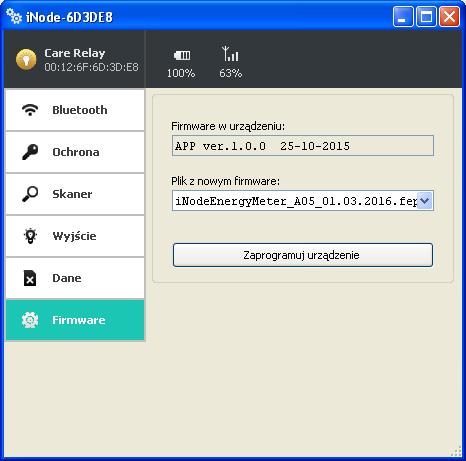 Po wybraniu zakładki Firmware pojawi się następujące okienko: W polu Firmware w urządzeniu wyświetlana jest wersja firmware znajdująca się w urządzeniu i data jego utworzenia.