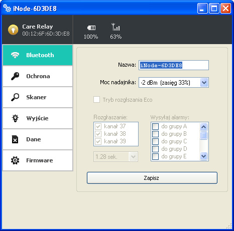 Na górnej belce okienka po wybraniu zakładki Bluetooth są wyświetlone w kolejności od lewej: nazwa rodziny urządzeń inode w tym przypadku inode Care Relay unikalny identyfikator urządzenia poziom