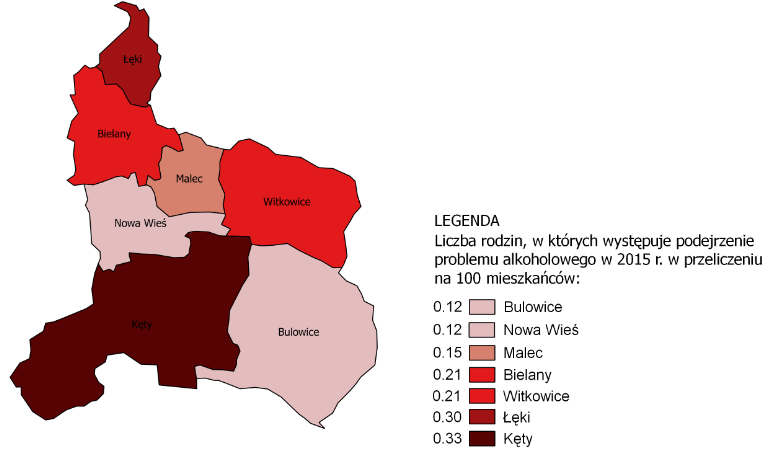 Mapa 3. Liczba wydanych Niebieskich Kart w Gminie Kęty 2015 roku w przeliczeniu na 100 mieszkańców Mapa 4.