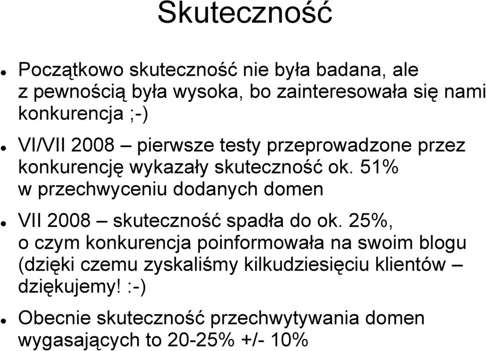 51% w przechwyceniu dodanych domen VII 2008 skuteczność spadła do ok.