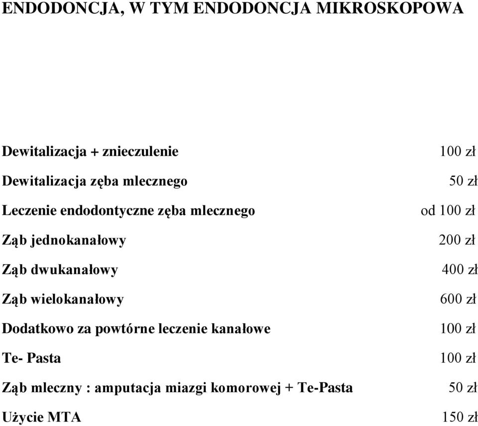 jednokanałowy Ząb dwukanałowy Ząb wielokanałowy Dodatkowo za powtórne leczenie