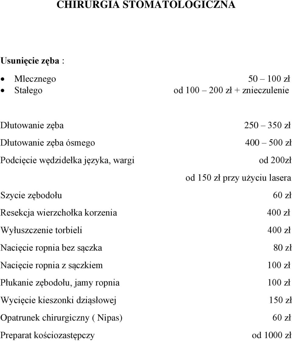 Nacięcie ropnia bez sączka Nacięcie ropnia z sączkiem Płukanie zębodołu, jamy ropnia Wycięcie kieszonki dziąsłowej